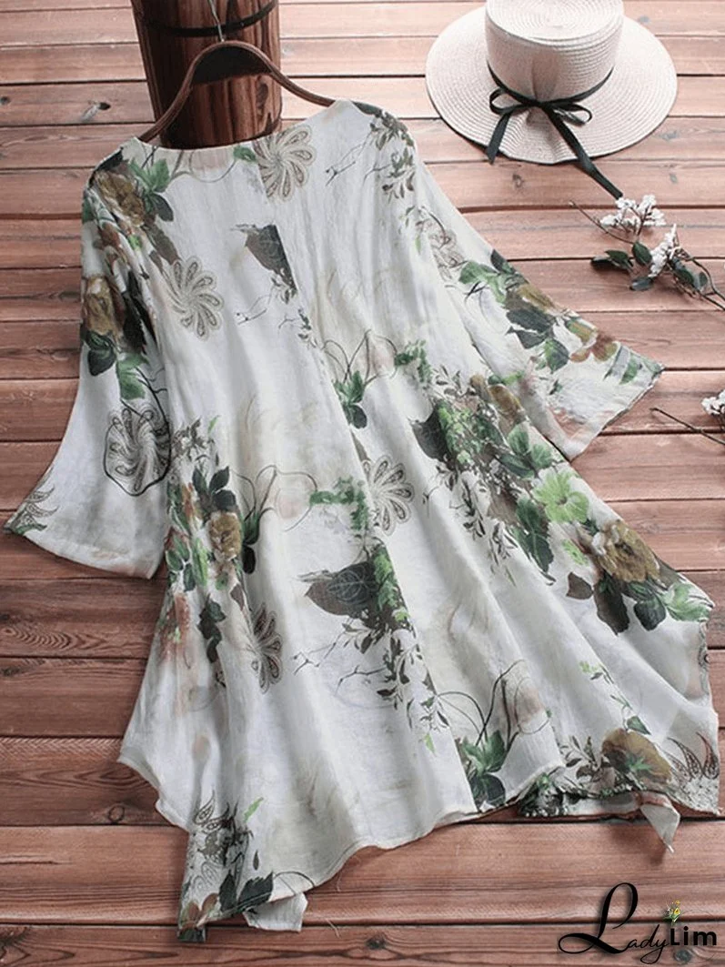 Women's Floral Printed Asymmetric Hem Blouse - Loose Fit, Retro Style