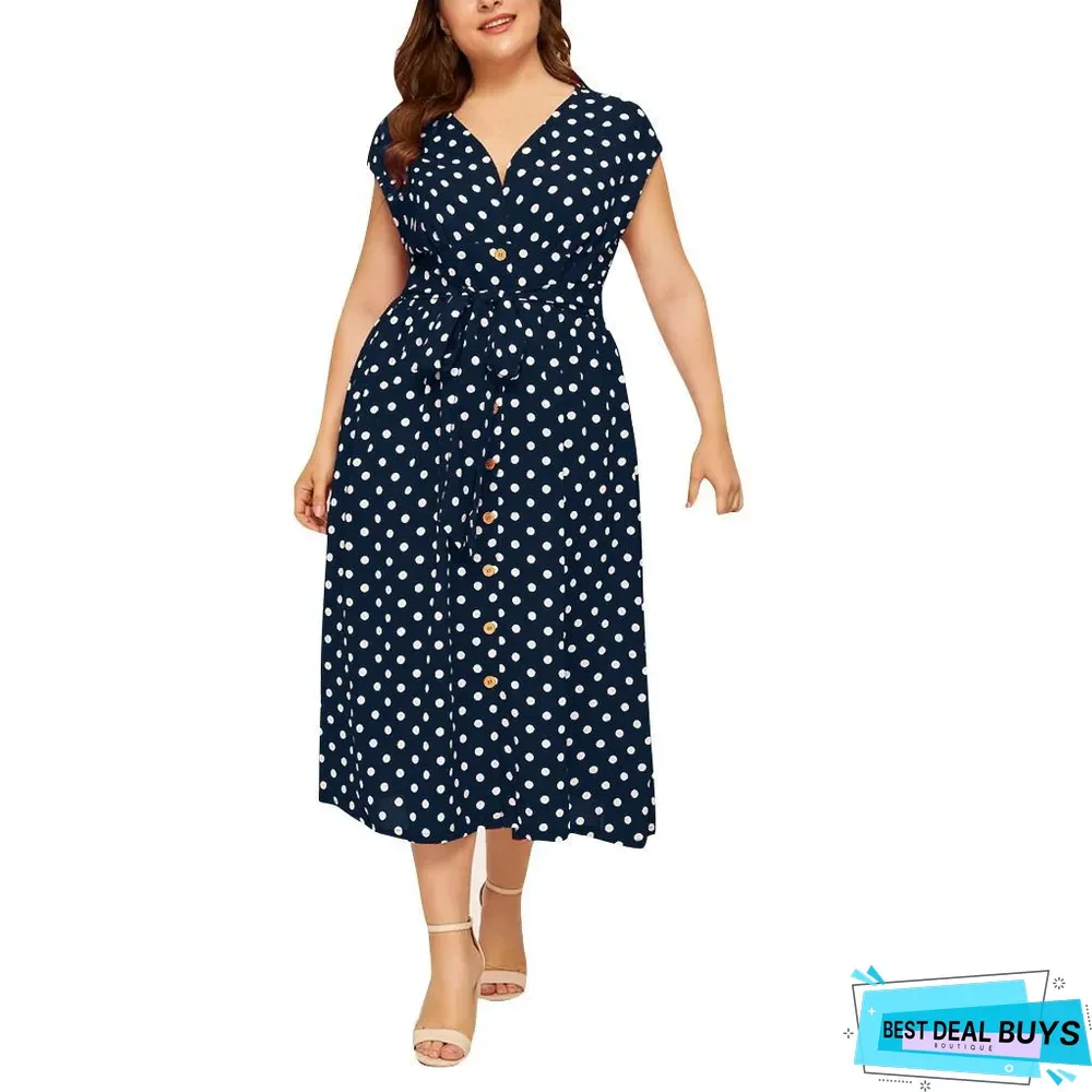 Women's Plus Size Polka Dot Dress Button Tie Waist V-Neck Skirt