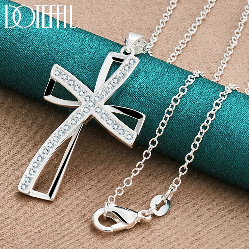 DOTEFFIL 925 Sterling Silver 16-30 Inch Chain Cross AAA Zircon Pendant Necklace For Woman Jewelry