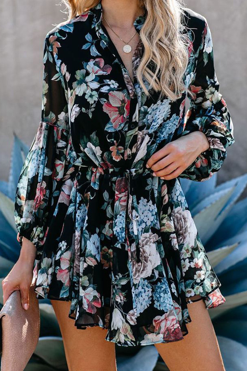 Elegant Floral Frenulum Buckle Waist Skirt Dresses