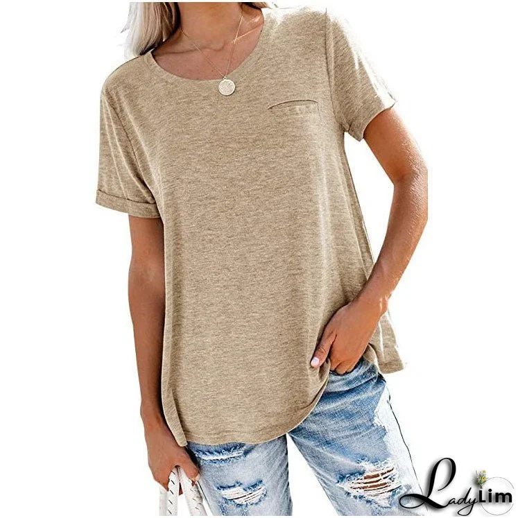 Multicolor Round Neck Short-Sleeved T-Shirt with Loose Fit and Pocket