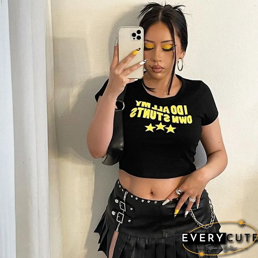 Y2K Aesthetic Sexy Crop Top Graphic Print Short Sleeve T-Shirt Punk Girl Slim Streetwear