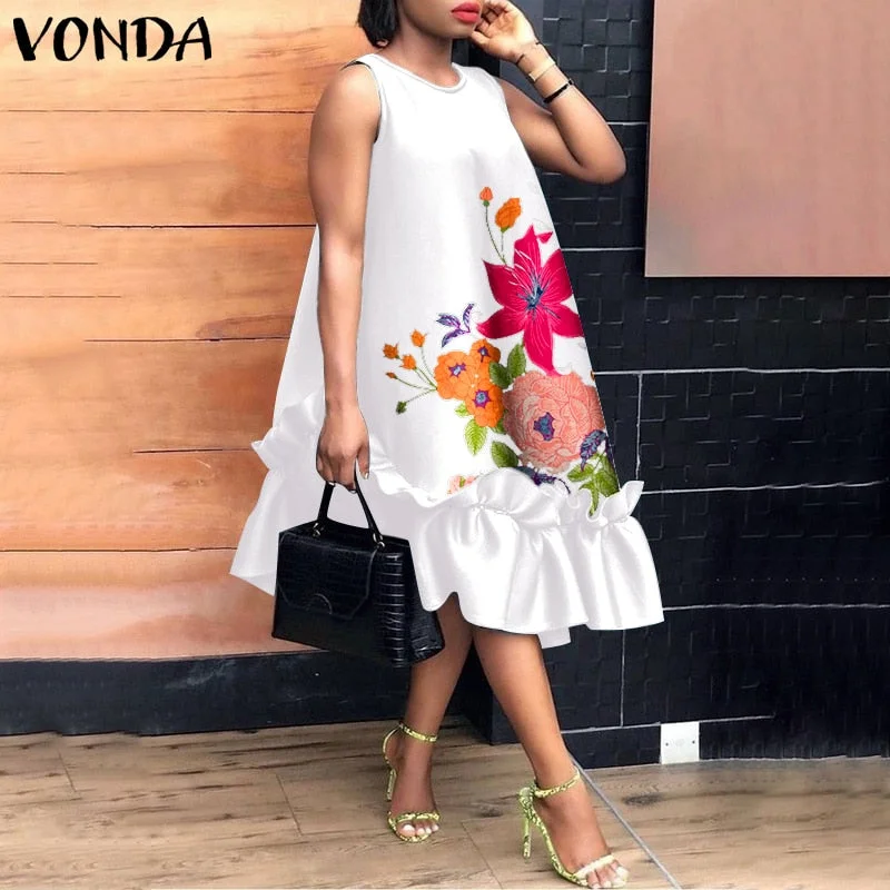 VONDA Summer Bohemian Dress Vintage Solid Maxi Long Dress Party Sundress 2022 VONDA Casual Vestidos Femme Loose Robe