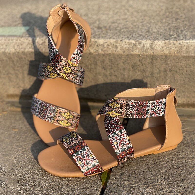 Women's Ethnic Floral Zipper Casual Flat Sandals