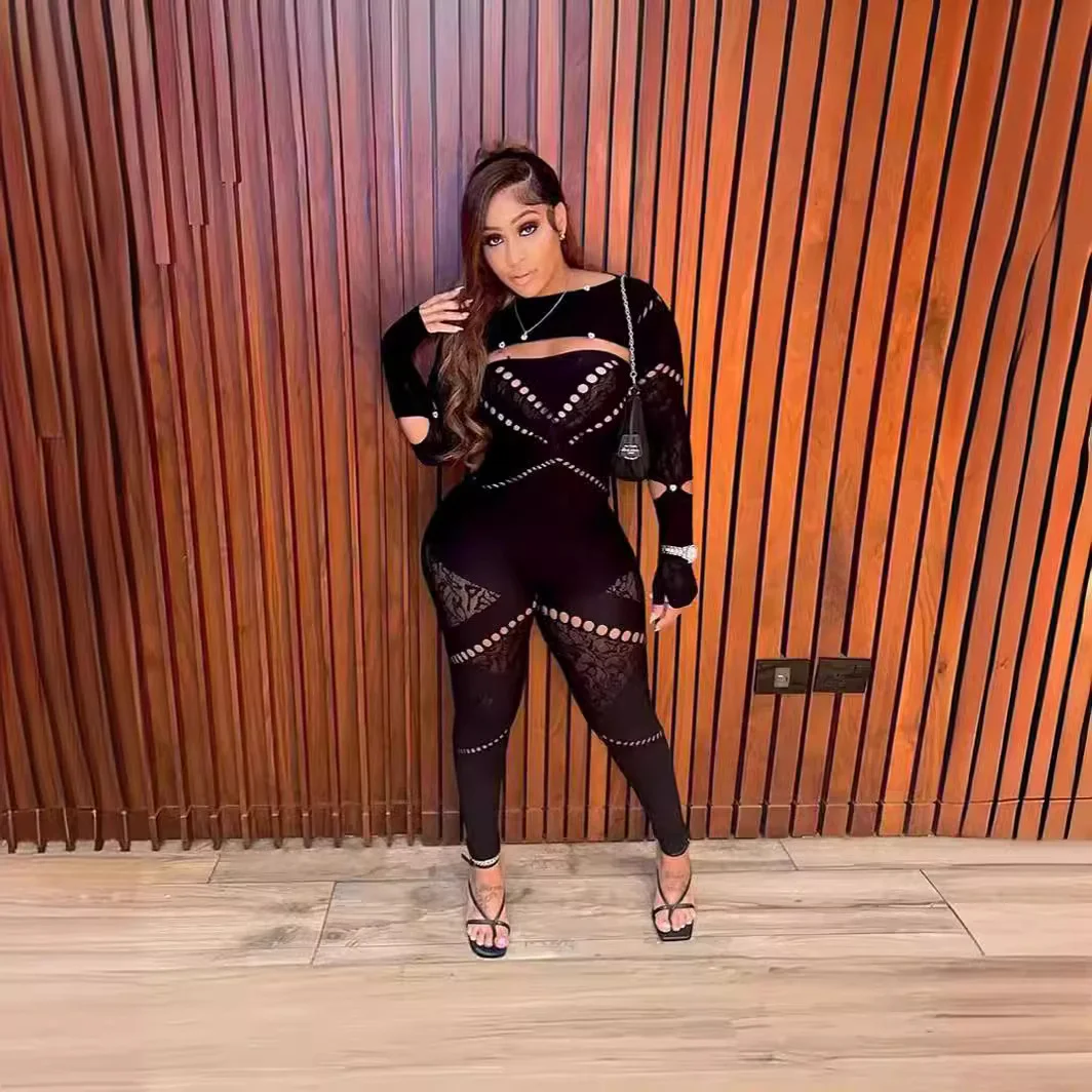 Brownm Brownm Female Solid Color Round Collar Hollow Short Sleeve Lace Sexy Body Knit Short Sleeve Jumpsuit