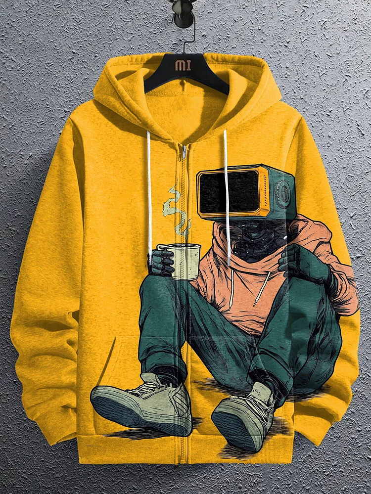 Men's Retro Futuristic Sci-Fi Robot Drinking Coffee Print Hooded Zip Up Jacket