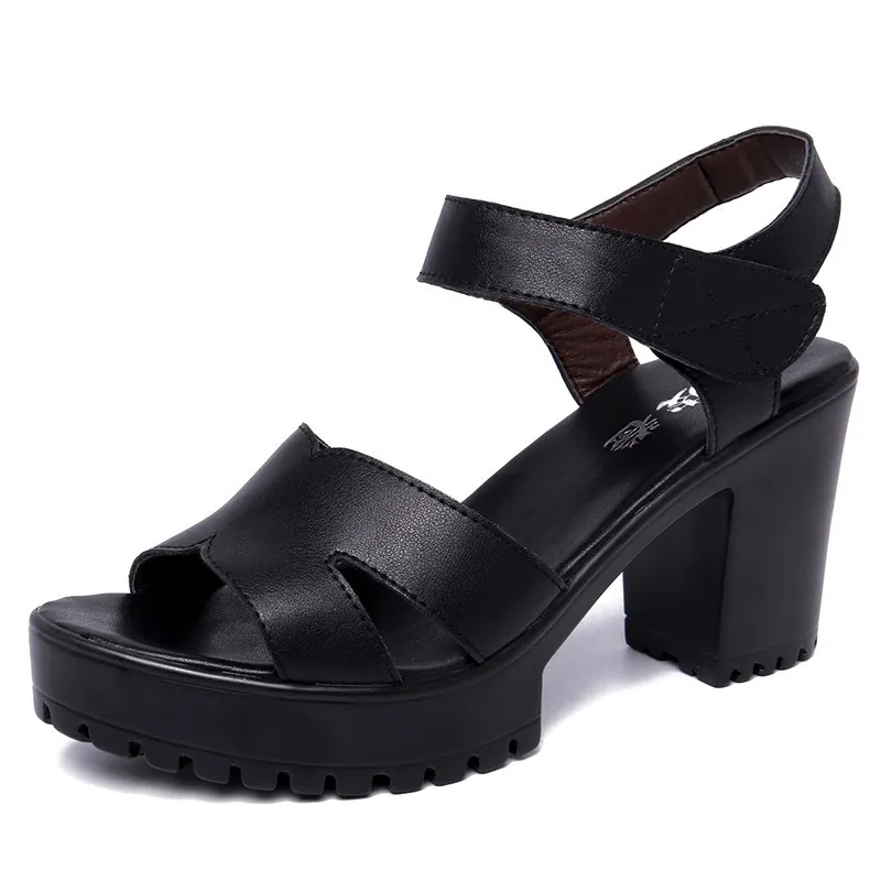 Breakj Breakj Leather High Heel Waterproof Sandals Women Fashion Crocodile Pattern Walking Shoes Summer Coarse Heel Magic Sticky H Women's Shoes