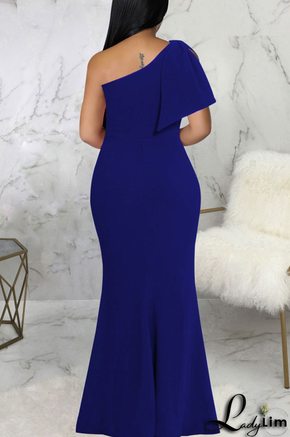 Blue Solid Patchwork Slit Oblique Collar Long Dress Dresses