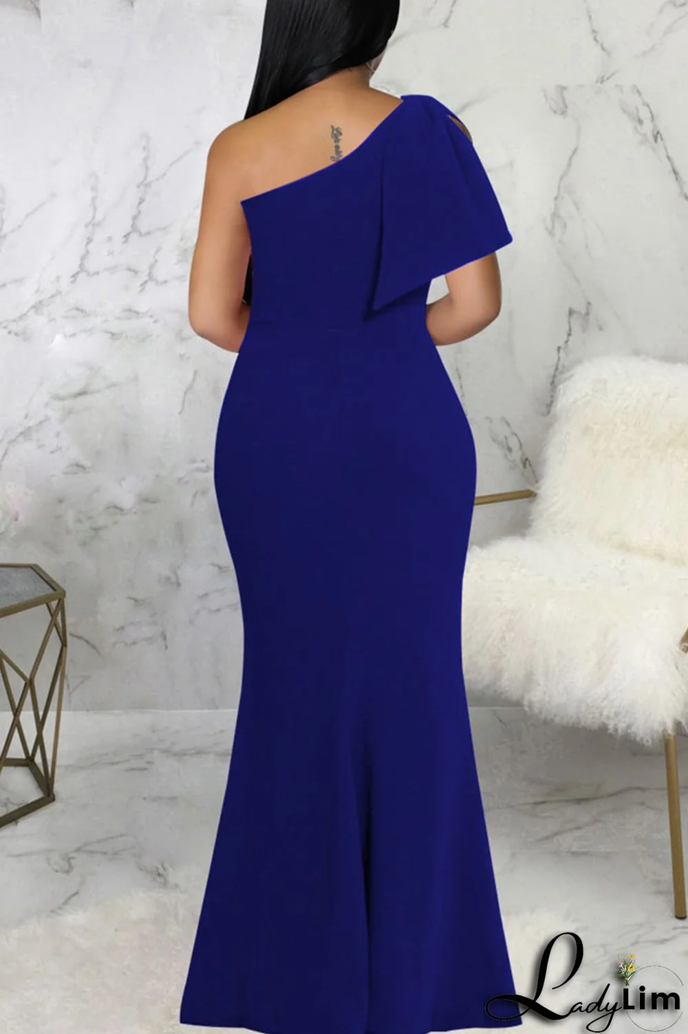 Blue Solid Patchwork Slit Oblique Collar Long Dress Dresses