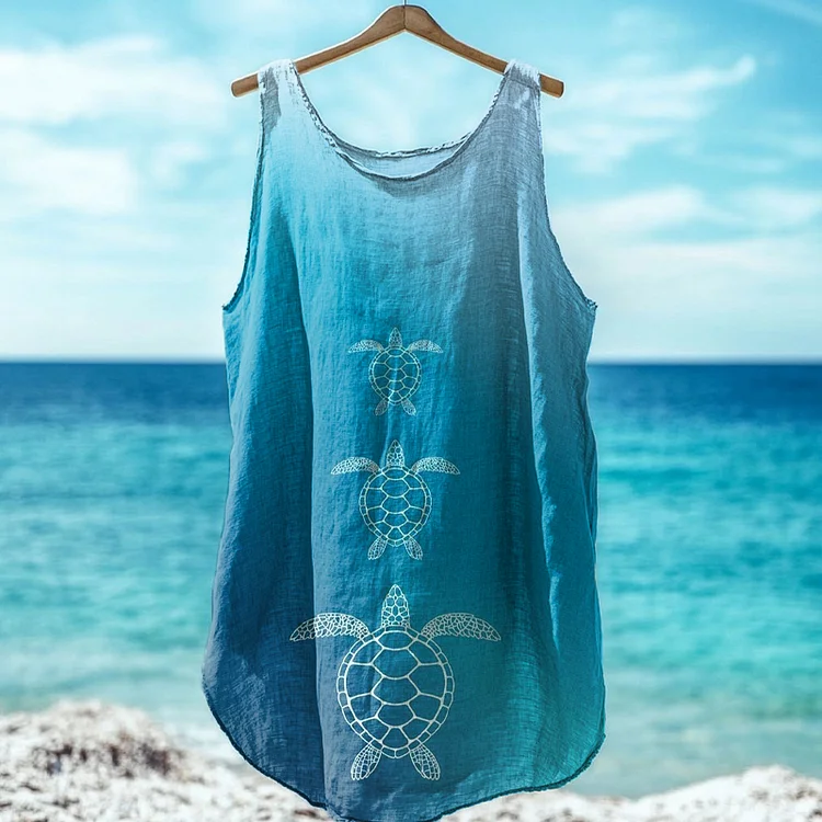Utbros Sea Turtle Art Print Linen Blend Tank Top