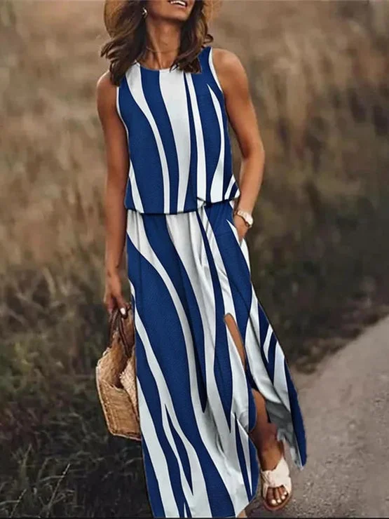 Women Sleeveless Scoop Neck Striped Colorblock Maxi Dress