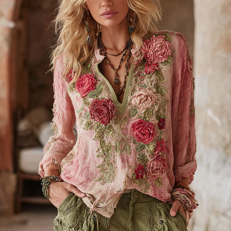 Women's Vintage Floral Linen Long Sleeve T-shirt