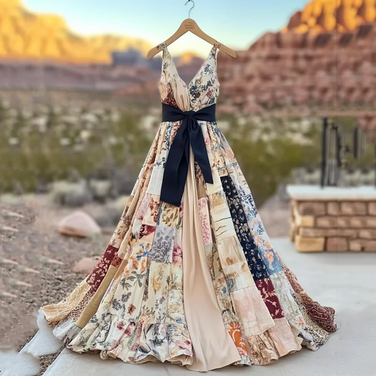 Women's Vintage Floral Patchwork Art Comfy Linen Dress