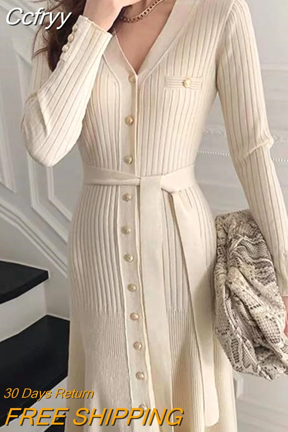 huibahe Chic V-neck Knitted Long Dress Women Single-breasted Full Sleeve Lace-up Belted Slim Elegant Workwear Ladies Vestido 2023