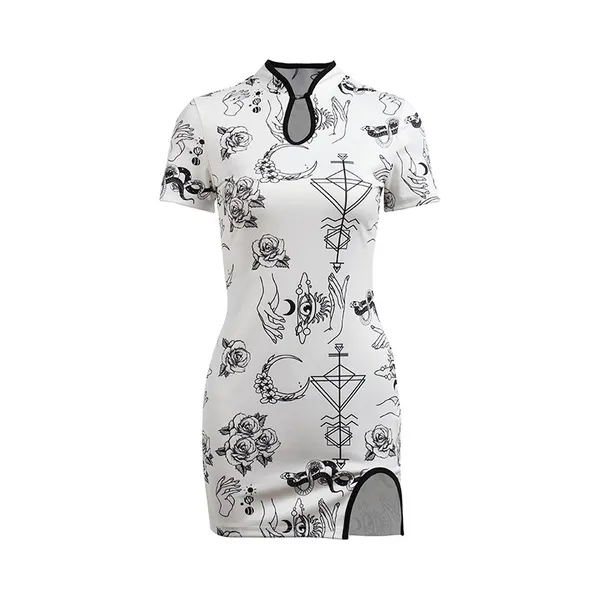 Womens Vintage Cheongsam Print Dress floral white short sleeve high waist skinny mini