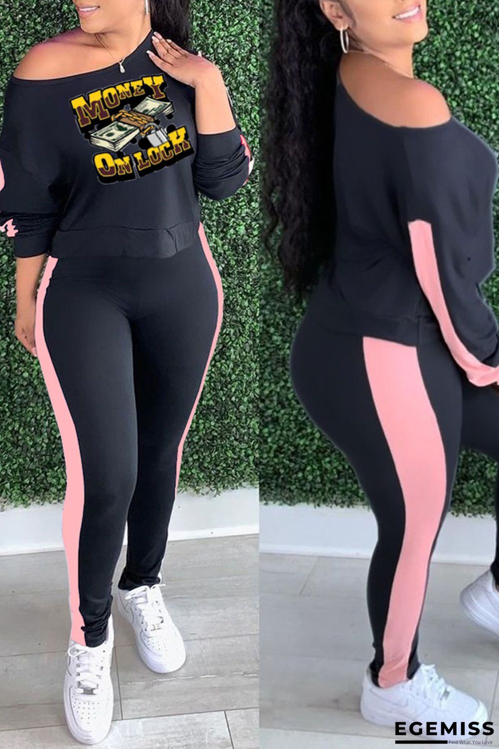 Black Casual Print Patchwork O Neck Long Sleeve Two Pieces | EGEMISS