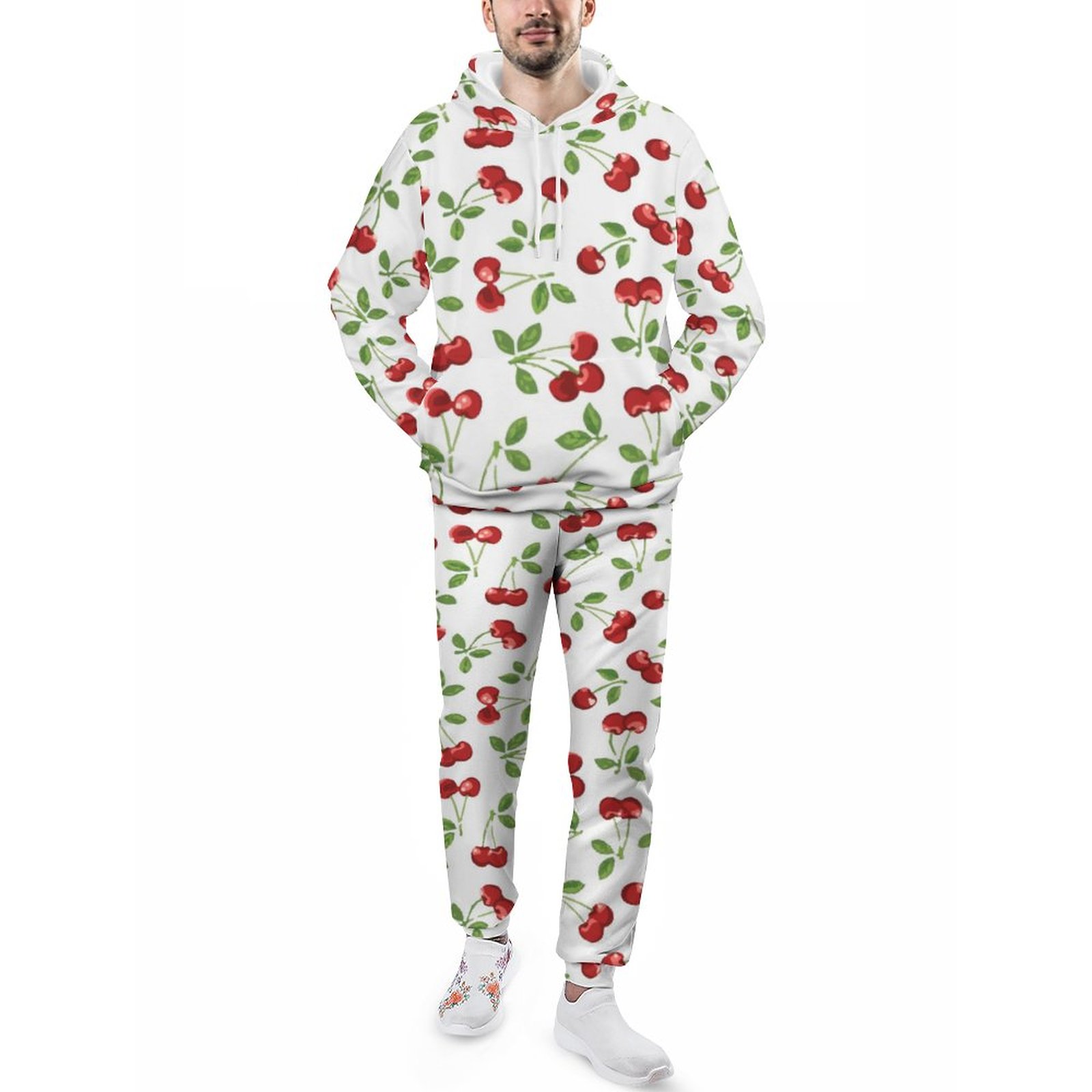 Whimsical Ripe Red Cherries White Background Men's Tracksuit 2 Piece Hoodie Sweatsuit Sets Casual Jogging Athletic Suits