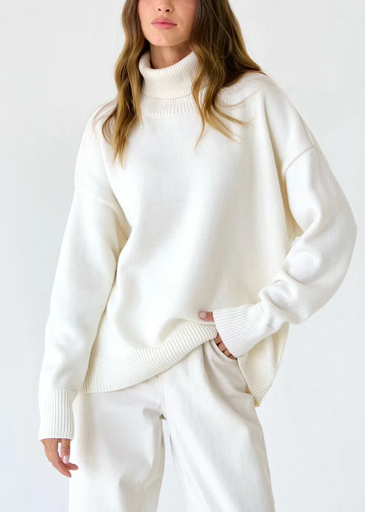 Simple Loose White Hign Neck Thick Knit Sweaters Fall