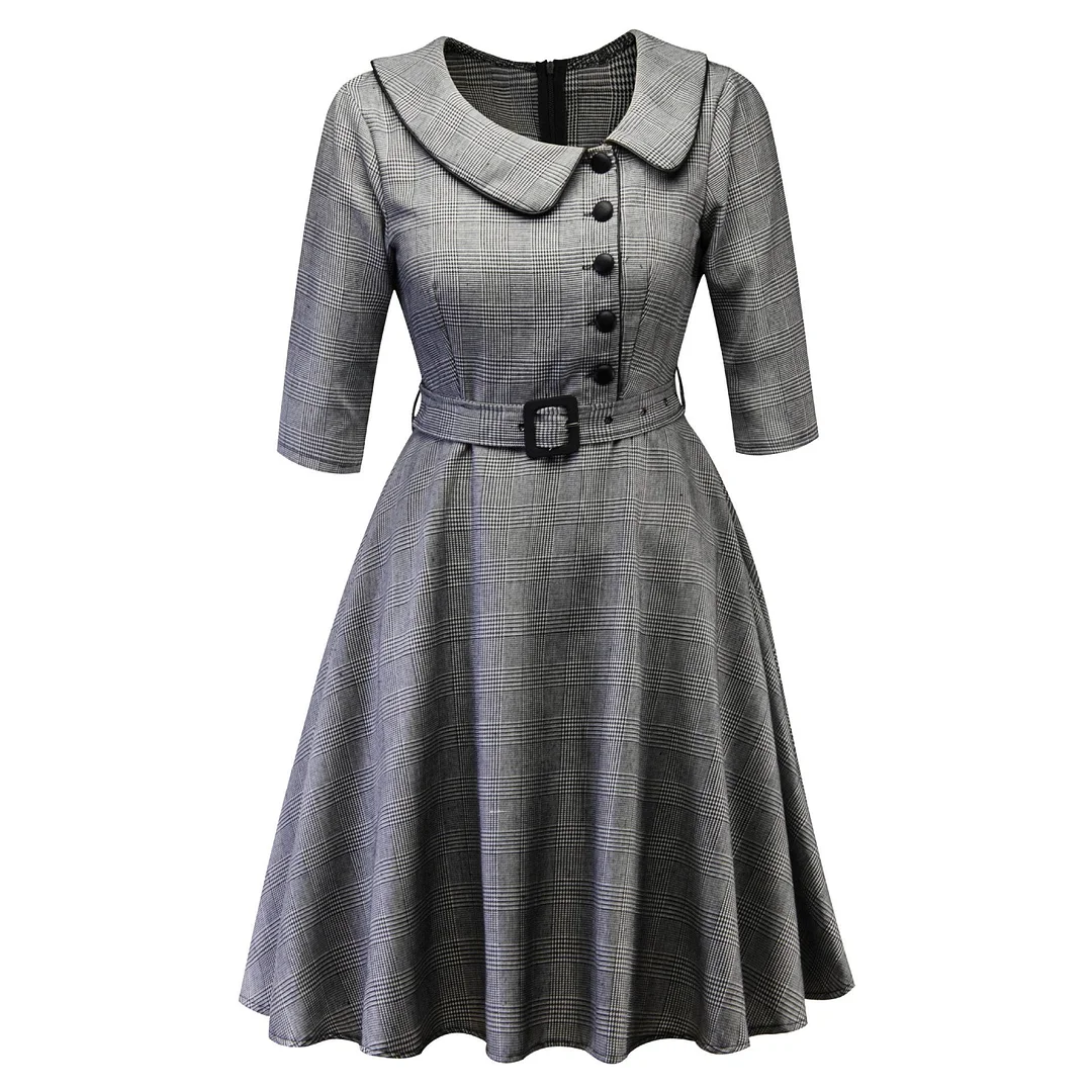 Women's Plus Size Dresses Retro Hepburn Style Lapel Mid-sleeve Plaid Swing Dresses