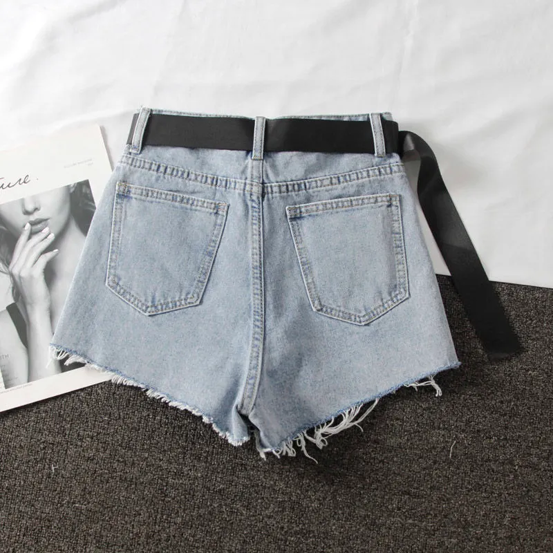 Ailegogo New Summer Women High Waist Black Blue Denim Shorts Casual Female Hole Solid Color Plus Size 2xl Jeans Shorts With Belt