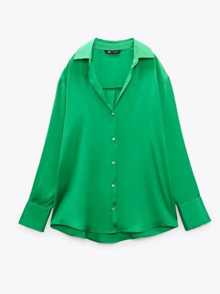 Woman Vintage Solid Satin Blouse Shirts Female Fashion Casual Long Sleeve Button Up Shirt 2022 Ladies Chic Pink Overshirt Top