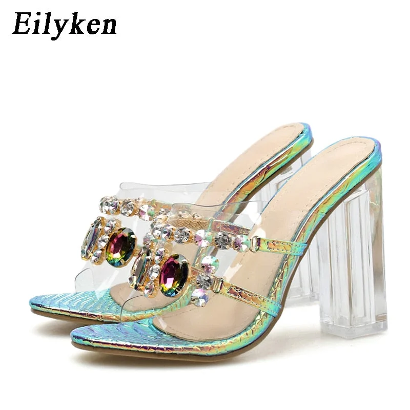 Eilyken Rhinestone Bright color Crystal Slippers Open Toe High Heels Shoes Woman Crystal Transparent Heeled  Slippers Sandals
