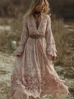 Boho Pink Roses Floral Lace Art Flowy Linen Maxi Dress