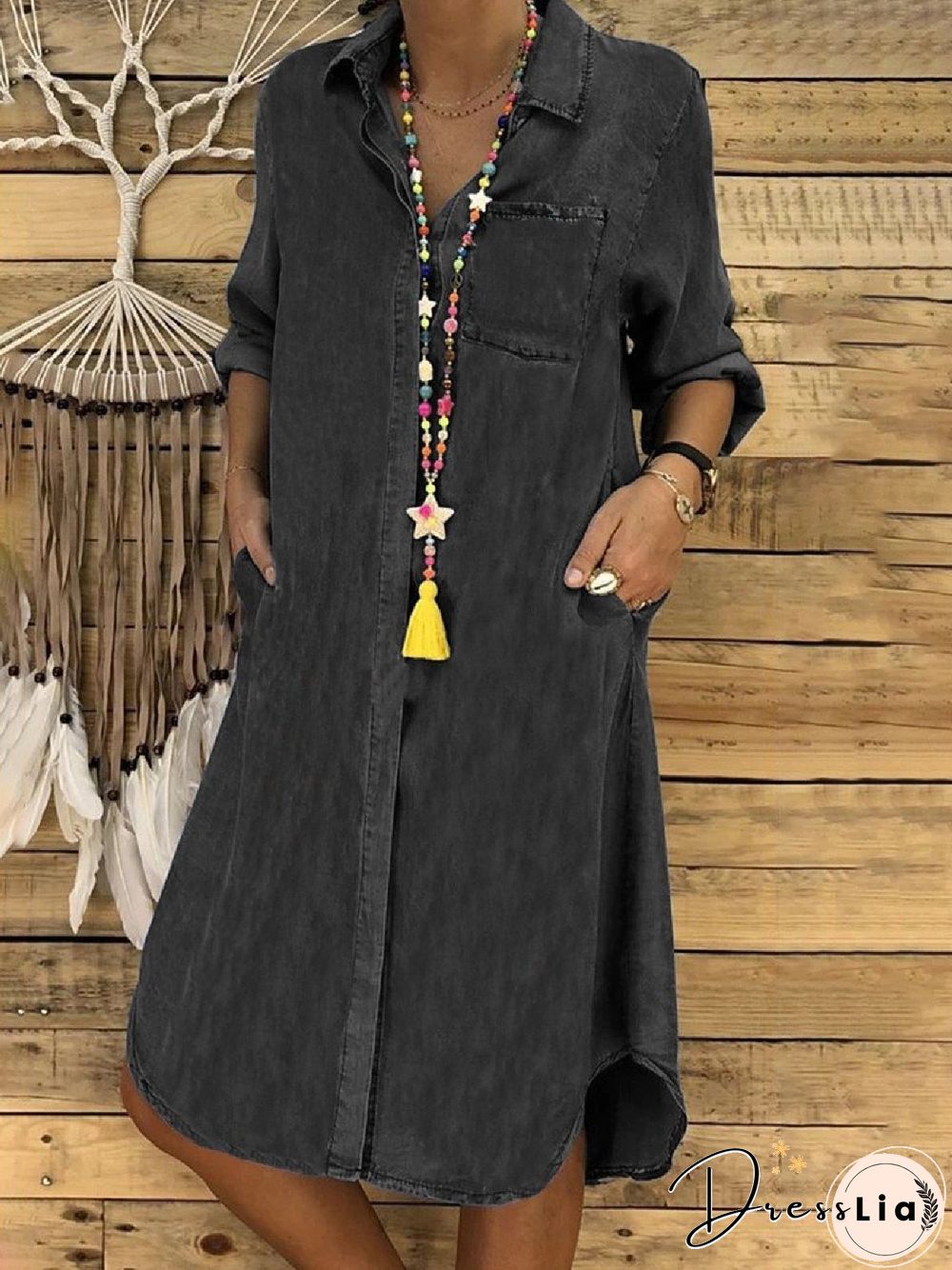 Casual Solid Loosen Denim Long sleeve Dresses
