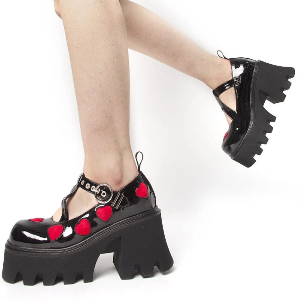 Back to College Round Toe Heart Print Ankle Strap Chunky Goth Platform Women Shoes Trendy Punk Marry Janes Pumps Square Heels Street Style