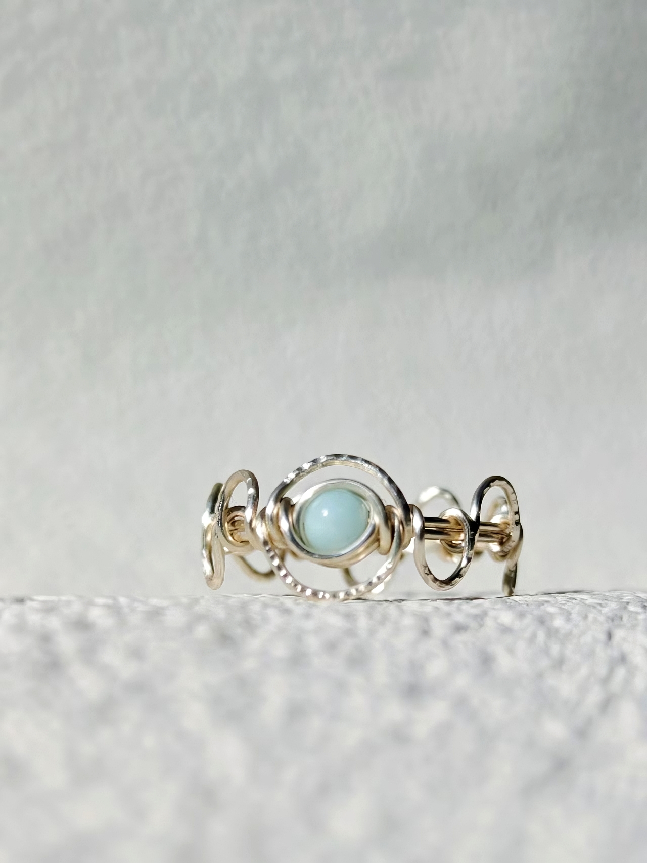 Silver-plated copper wire wrapped Shoushan stone ring, adjustable handmade openwork design