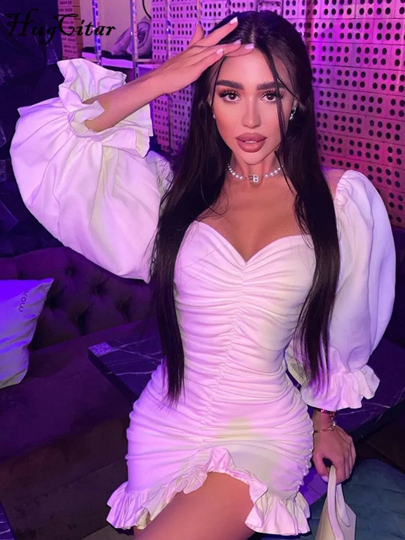 Hugcitar Women Solid Off Shoulder Long Loose Flare Puff Sleeve Ruched Mini Dress 2021 Autumn Streetwear Outfit Fashion Y2K