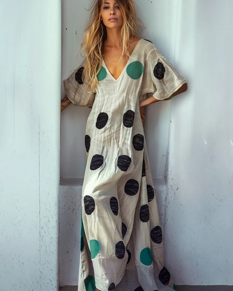 Linen Printed Kaftan Maxi Dress