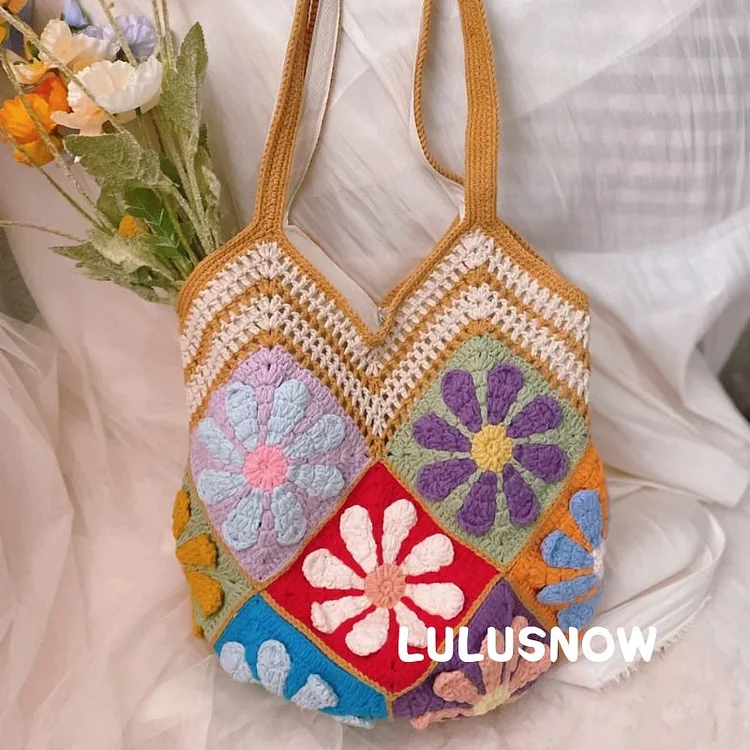Lulusnow Handmade Brown Pretty Daisy Granny Square Beach Summer Bag Crochet Shoulder Bag  Minimalist Lifestyle