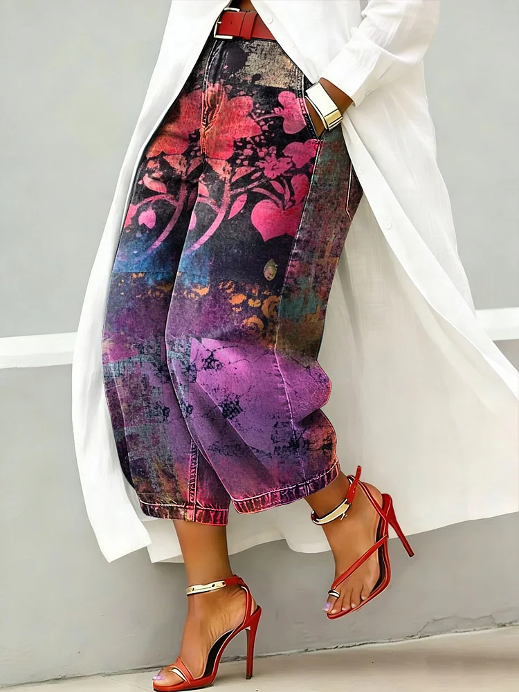 Women's Vintage Floral Print Casual Jeans