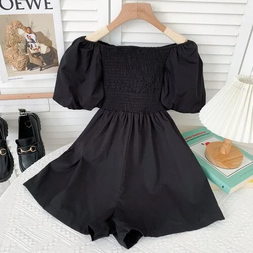 Temperament slash neck puff sleeve Rompers high waist pleated solid color loose casual wide leg Rompers  New Summer