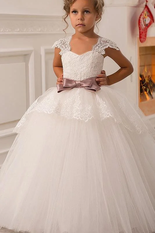 Hellodresses White Square Neck Cap Sleeves Ball Gown Flower Girls Dress with Lace 