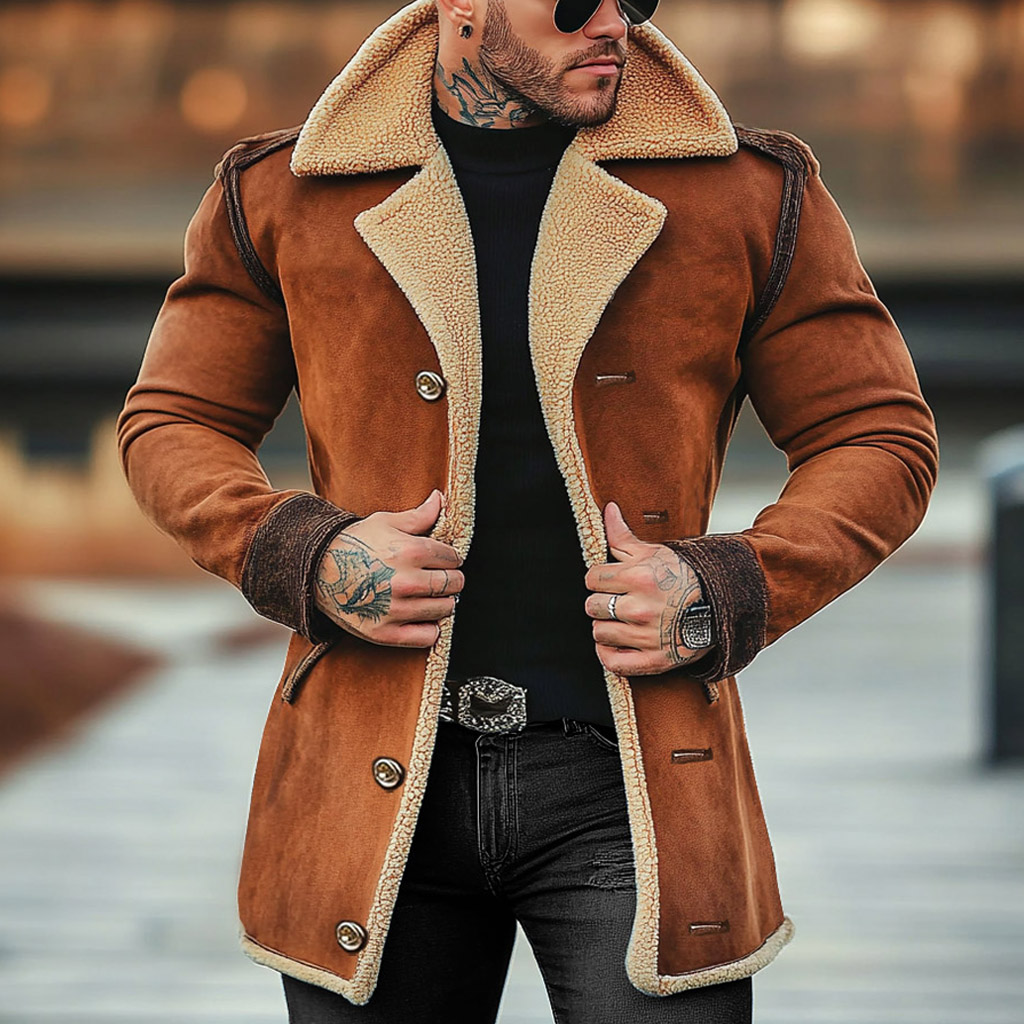 Men's Vintage Suede Shearling Fleece Wool Fur Lapel Collar Mid-Length Coat Sherpa Lined Jacket