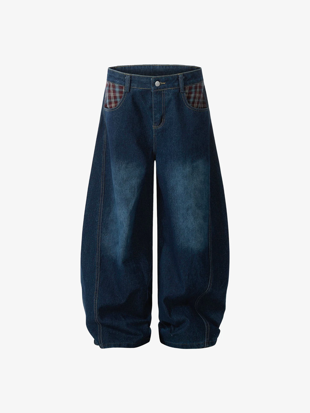 Blue Act Chic Plaid Patchwork Washed Distressed Jeans Front
