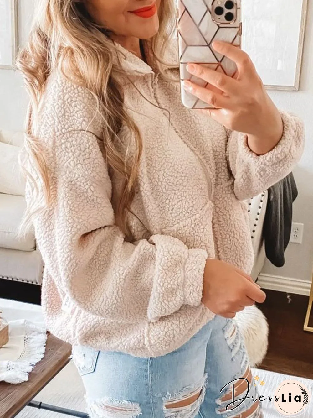 Casual Zipper Fluff/Granular Shawl Collar Teddy Jacket