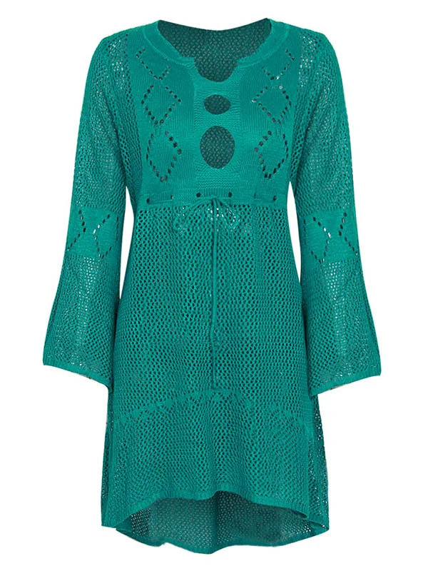 Solid Color Crochetgo Hollow Falbala Split-Joint Bohemia Mini Dress