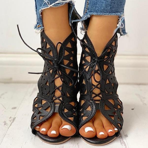 Hollow Out Lace-Up Pu Wedge Sandals
