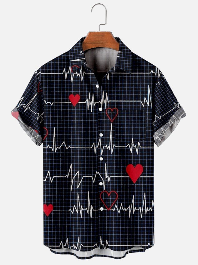 Mens St Valentine Heartbeat Love Print Casual Breathable Chest Pocket Short Sleeve Hawaiian Shirts