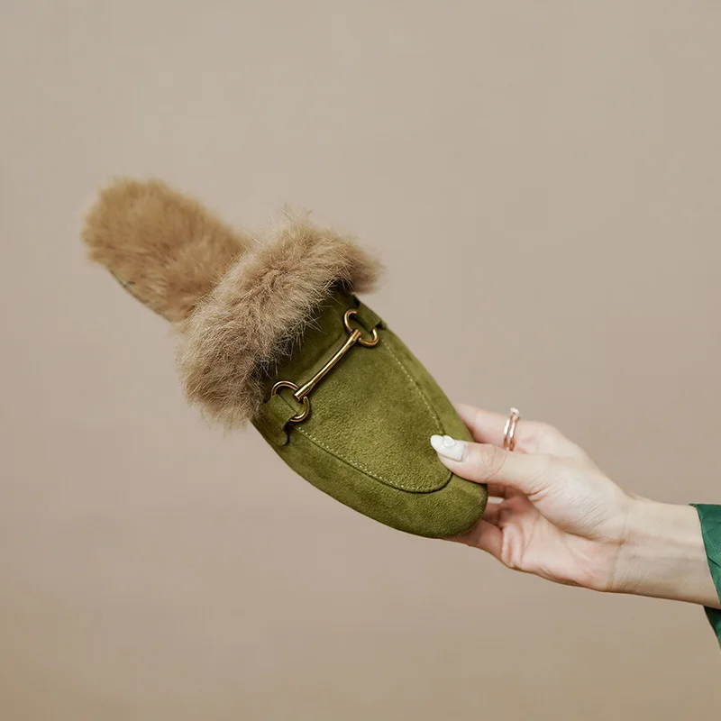 Breakj Breakj Shoes Sheep Skin Rabbit Hair Slippers Female 2023 Winter New Women's Shoes Wear Baotou Half Slippers Warm Cotton Shoes