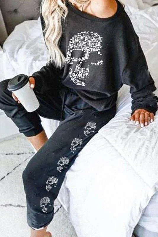 Music Rhinestone Casual Sweatshirt Hooded Pants Set