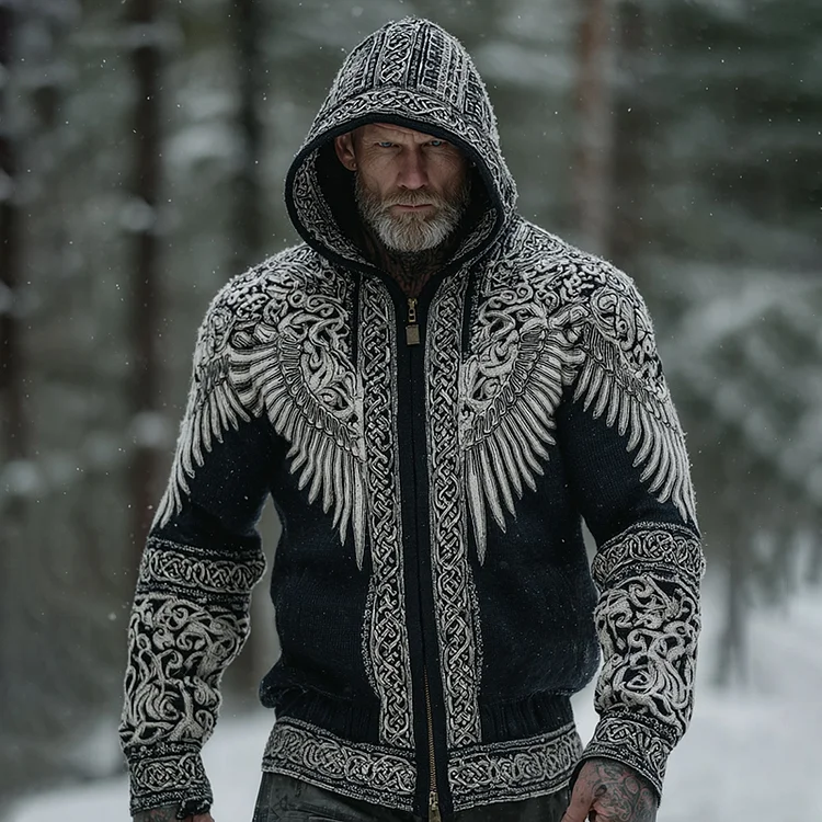 Men's Viking Wing Celtic Art Cozy Zip-up Hooded Cardigan
