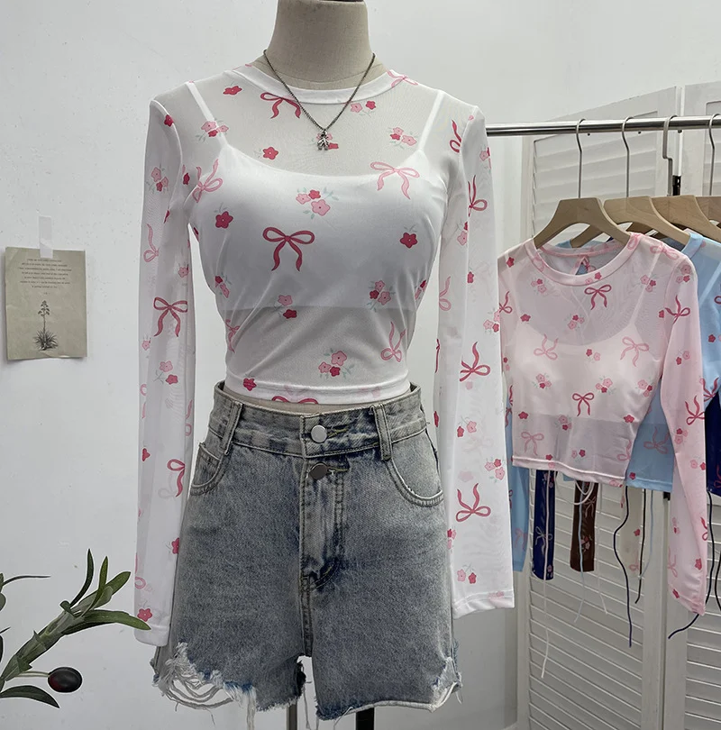 Uveng Real Shooting Bow Print Bare Back Net Yarn Sunscreen Long-Sleeved T-Shirt Hottie With Chest Pads Two Short Tops 8860
