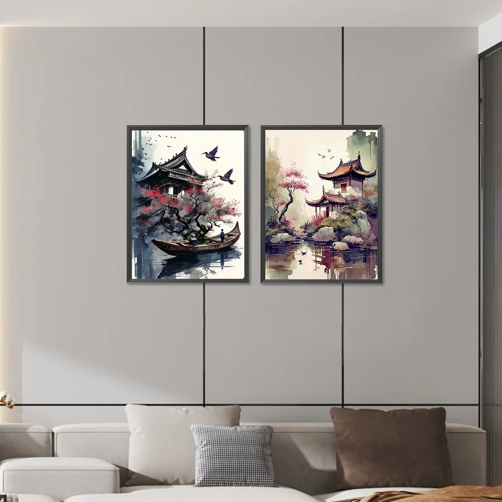 2pcs/Set Diamond Painting - Full Round Drill - Ink Landscape(Canvas|30*40cm)
