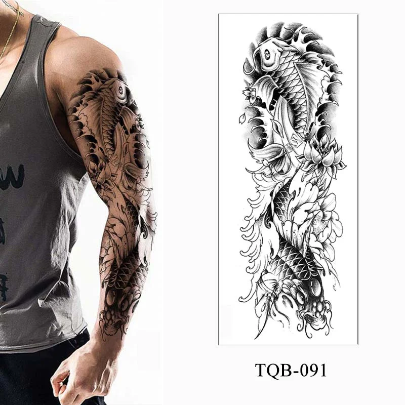 Sdrawing Men Temporary Tattoos Large Arm Sleeve Tattoo Sticker Dragon Tiger Fish Full Skull Totem Wolf Waterproof Fake Tattoo for Women