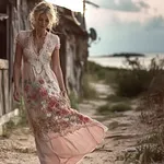 Vintage Pink Boho Floral Embroidered Flowy Linen Maxi Dress - Image 2