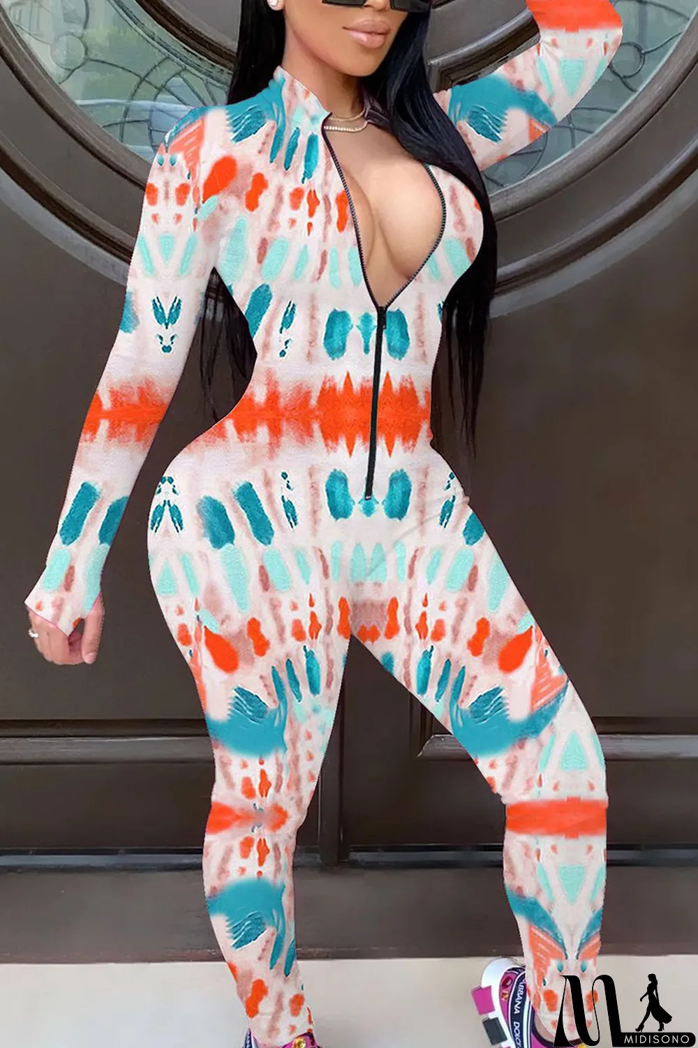 MidiSono - Red Fashion Print Split Joint O Neck Regular Jumpsuits